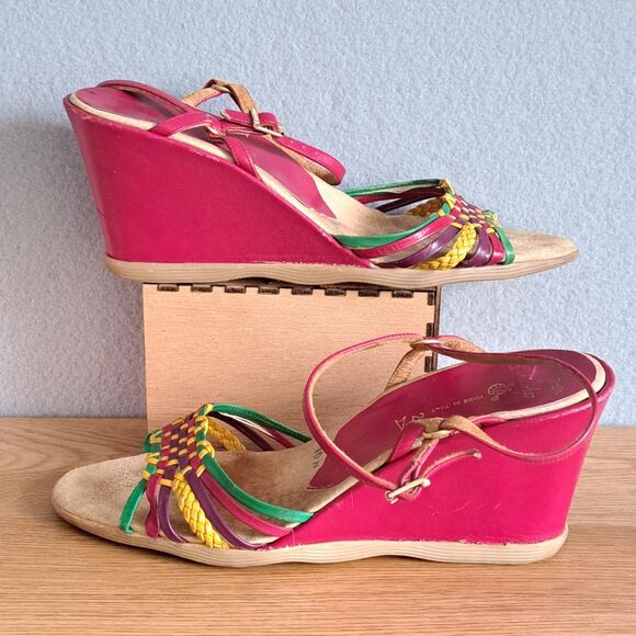 Famolare Vintage Sandals 10 Narrow 70s Hi-Up Pink Wavy Platform Strappy Wedge - Picture 3 of 11